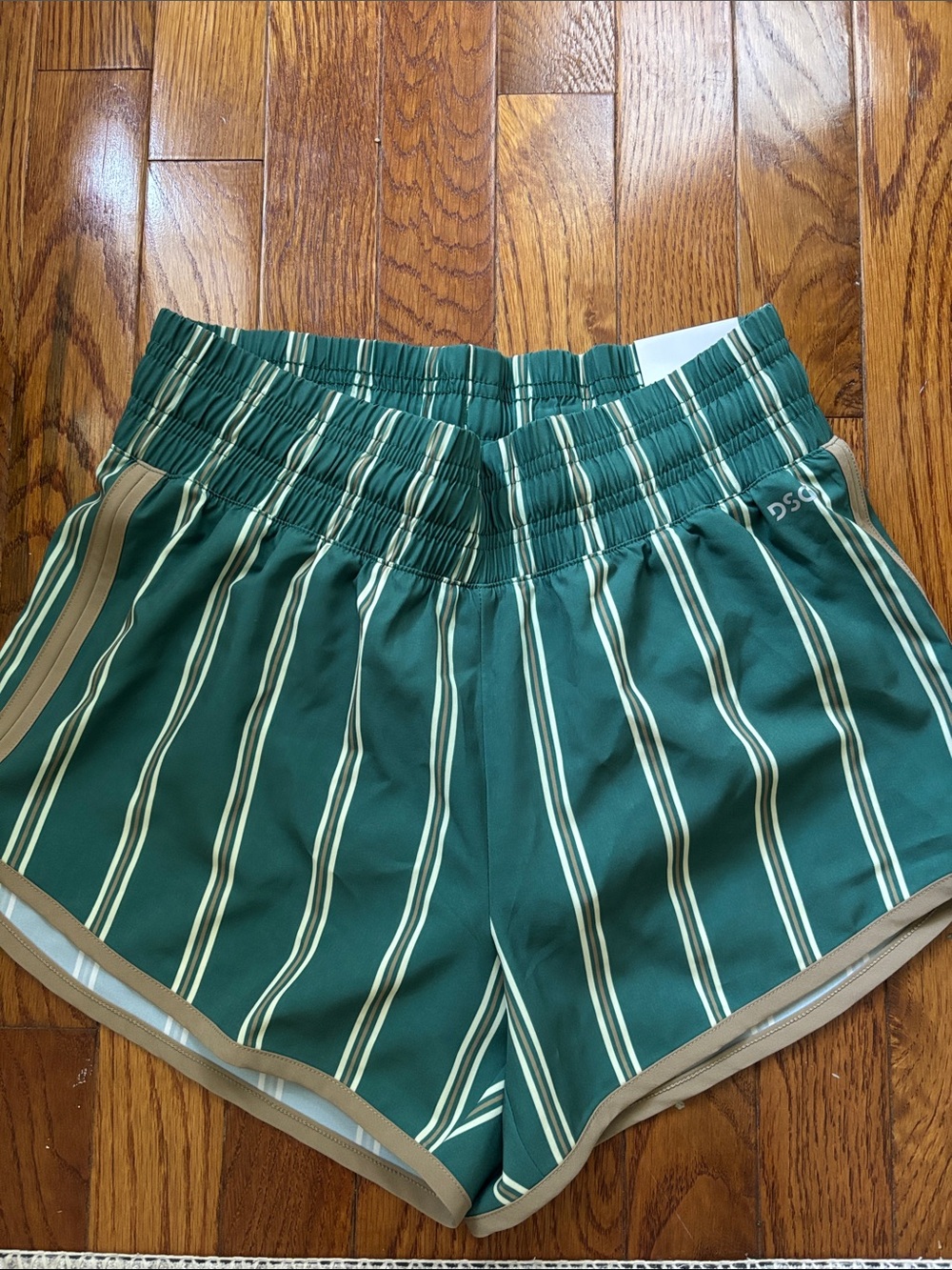 DSG Green Striped Athletic Shorts with Tan Trim